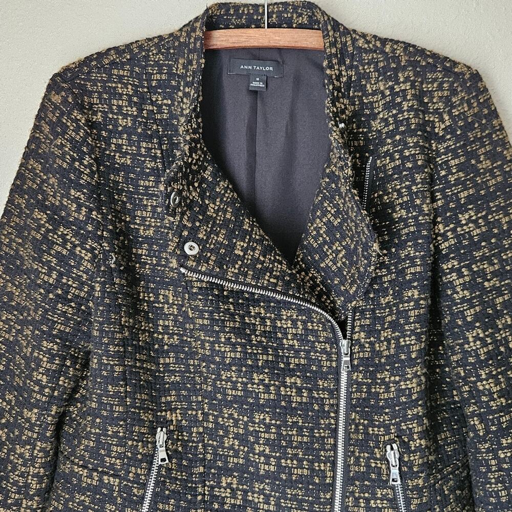 Tweed Moto Jacket Ann Taylor Green & Black Size 10 Business Casual Biker Style - Picture 6 of 10